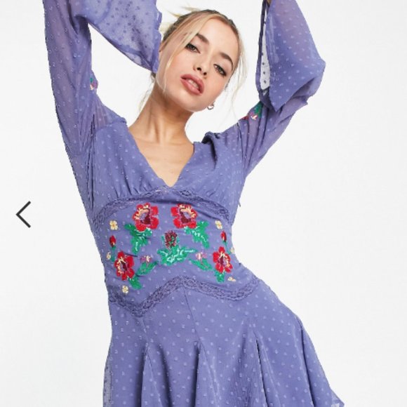 ASOS DESIGN textured embroidered godet skater mini dress with lace trims - Picture 3 of 6